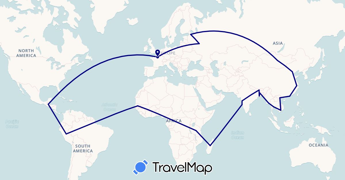 TravelMap itinerary: driving in Bangladesh, China, France, Guatemala, Hong Kong, India, Madagascar, Myanmar (Burma), Mongolia, Peru, Russia, Senegal, Thailand, Tanzania, Vietnam (Africa, Asia, Europe, North America, South America)